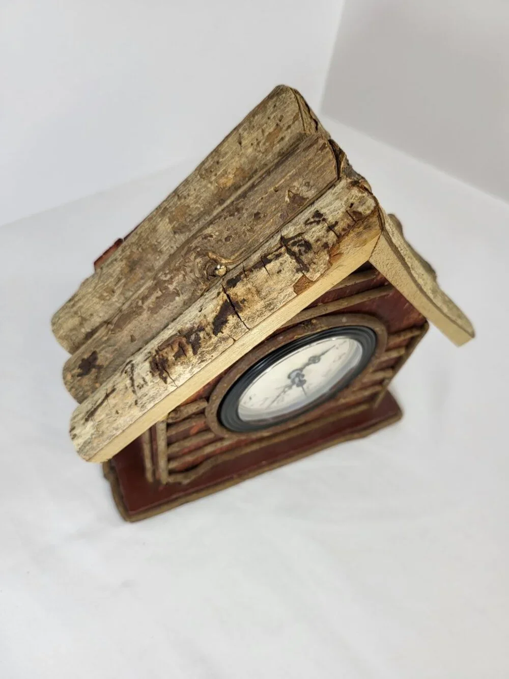Vintage Handcrafted Wooden Log Cabin Shelf Clock, Rustic Folk Art Mantel Clock